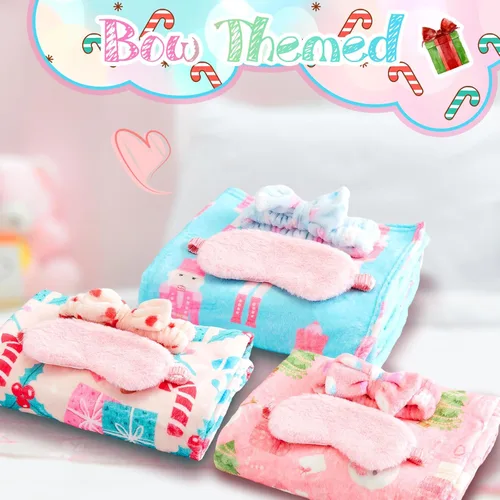 Miniatura 5 de Fanfanwin 18 piezas de suministros de fiesta de pijamas para niñas, 6 estilos lindos manta de muñeco de nieve rosa, 6 diademas de forro polar coral