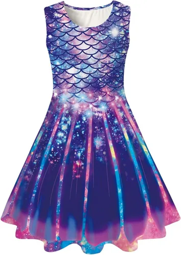 Funnycokid Vestido de sirena para niñas y niños, vestido de verano sin mangas, traje de cumpleaños, ropa de fiesta de 4 a 13 años