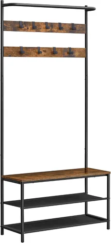 VASAGLE Perchero de pie con banco y almacenamiento de zapatos, banco de entrada con soporte de perchero y zapatero, 9 ganchos móviles, barra Rustic