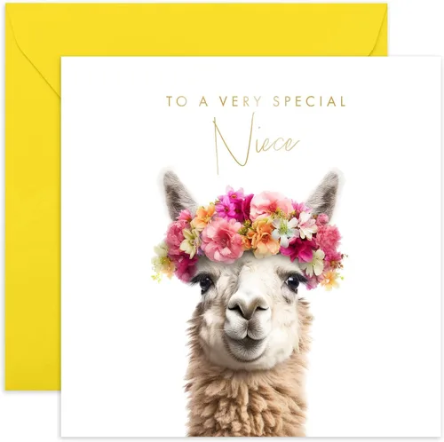 Old English Co. Tarjeta de llama muy especial para sobrina, bonita tarjeta de cumpleaños floral de llama para ella, lindas tarjetas de felicitación