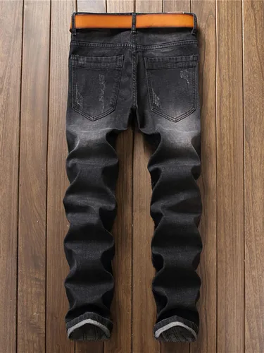 Miniatura 2 de Cremalleras para hombre con letras bordadas negro elástico Denim Jeans Agujeros de moda rasgados desgastados Pantalones delgados Pantalones