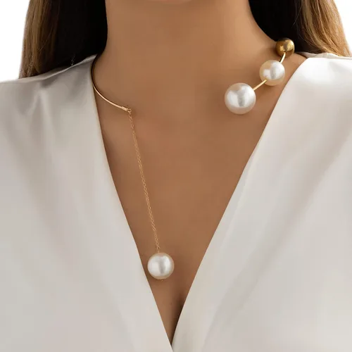 Miniatura 2 de Gargantilla de metal con perlas abiertas, collar ajustable con colgante de perlas elegante, collar de cadena para mujer
