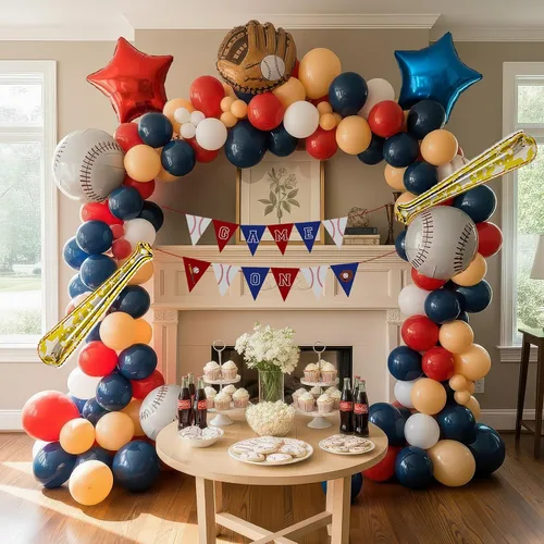 Miniatura 2 de Decoraciones de fiesta de cumpleaños de béisbol y con arco de globos rojo, blanco, azul marino y nude, guantes de bate de béisbol, globos de papel
