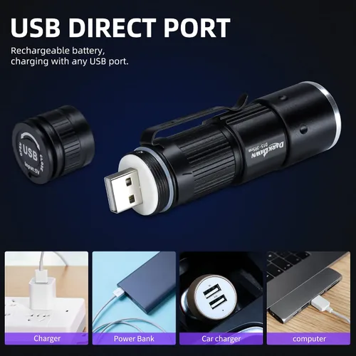 Miniatura 4 de DARKDAWN Linternas de luz UV de 395 nm USB recargable ultravioleta LED luz negra mini lámpara de madera portátil para detección de orina de gatos