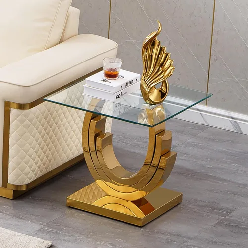 Miniatura 59 de SSLine Mesa auxiliar de cristal de lujo para sala de estar, mesa auxiliar moderna dorada con base de pedestal de acero inoxidable en forma de flor