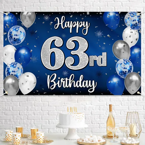 Miniatura 182 de Decoración de feliz cumpleaños 35, globo azul y plateado de 35 años, cartel grande de telón de fondo de cumpleaños, suministros para fiesta de 35th
