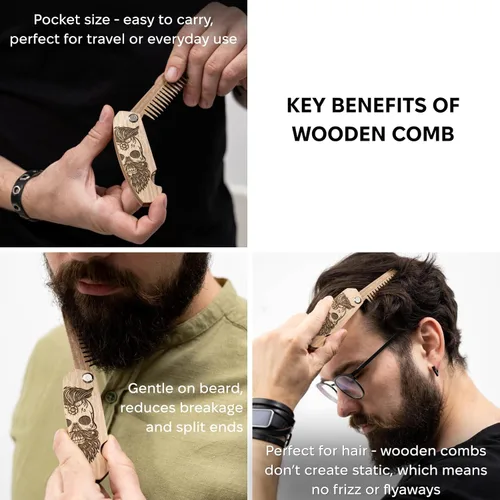 Miniatura 3 de Enjoy The Wood - Peine para barba de madera para hombres, accesorios plegables de bolsillo para barba para hombres, peine de nogal grabado