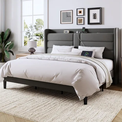 Miniatura 11 de Allewie Base de cama de plataforma tamaño Queen con estación de carga y cabecera de almacenamiento, diseño tapizado de terciopelo con respaldo