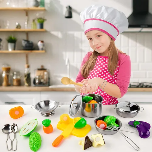 Miniatura 2 de Juboury Juego de juguetes de cocina con utensilios de cocina de acero inoxidable, utensilios de cocina, delantal y sombrero de chef, cortar verduras