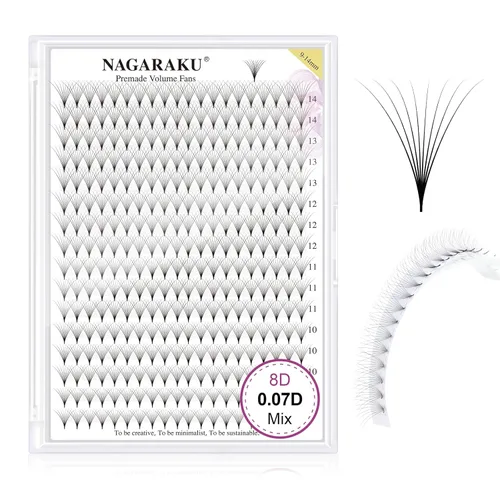 Miniatura 67 de NAGARAKU Wet Camellia - Extensión de pestañas, pestañas individuales, 3 abanicos de longitud múltiple, color negro mate natural, prepegadas