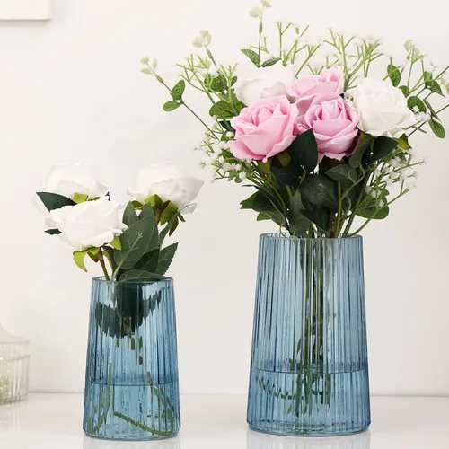 Miniatura 26 de Jarrón de vidrio ámbar para flores, florero para ramo, jarrones de vidrio modernos, jarrones acanalados para sala de estar, dormitorio, mesa