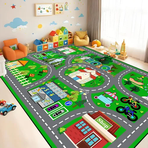 Miniatura 22 de Alfombra de carretera para habitación de niños, alfombra de juego azul para pista de carreras, alfombra de coche para dormitorio, sala