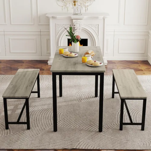 Miniatura 9 de Juego de mesa de comedor para 4, mesa de cocina con 2 bancos, muebles de comedor de madera de 3 piezas, juegos de sillas de comedor para rincón