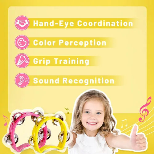 Miniatura 4 de Pandereta para niños, 4 unidades, instrumentos musicales para niños pequeños a partir de 3 años con 4 jingles de metal, certificado ASTM, no tóxico