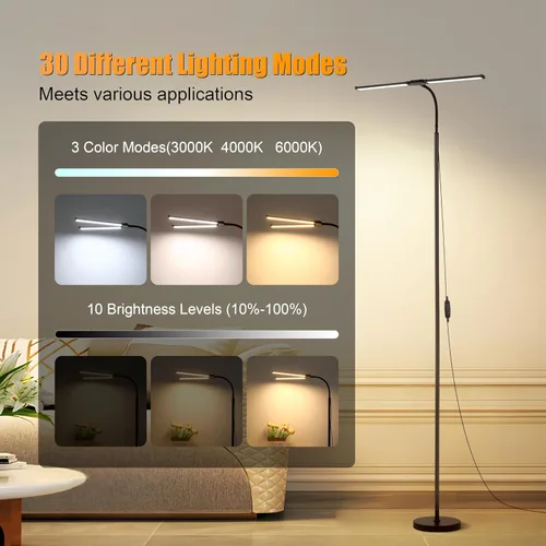 Miniatura 3 de Lámpara de pie LED, lámparas de pie brillantes de 18W para sala de estar, 3 modos de color 10 niveles de brillo, cuello de cisne flexible ajustable