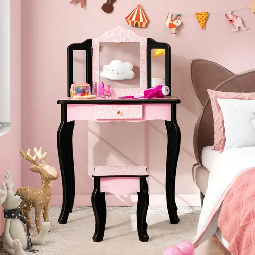 Miniatura 8 de Costzon Juego de mesa y silla para niños, juego de tocador para niñas con espejo y taburete, cajón de almacenamiento, tocador de maquillaje