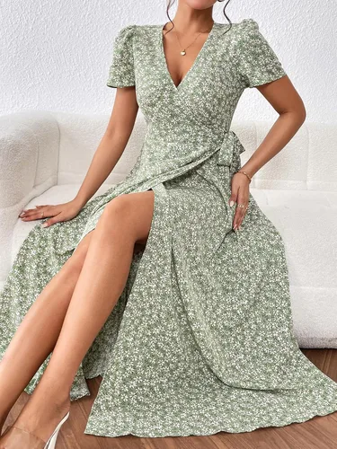 Miniatura 5 de OYOANGLE Vestido largo de manga corta con cuello en V y estampado floral bohemio para mujer
