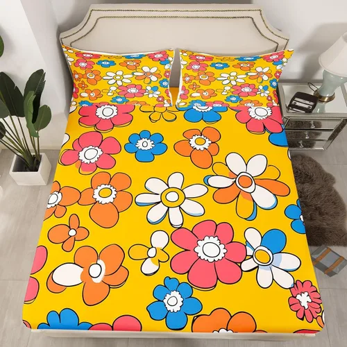 Miniatura 20 de Juego de ropa de cama con diseño floral bohemio, tamaño individual, diseño retro de flores groovy, 60S y 70S, diseño de flores hippie para niños