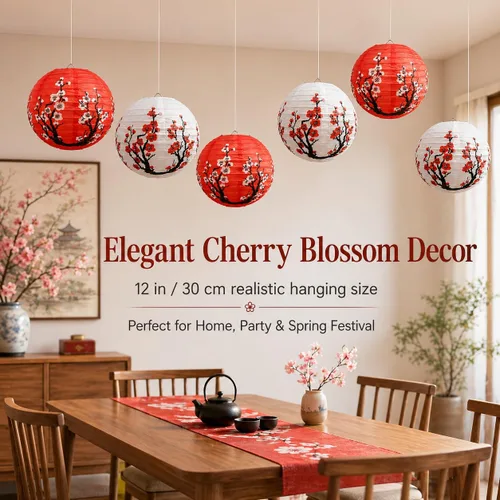Miniatura 4 de Hoypeyfiy Paquete de 10 linternas de papel de flor de cerezo, 12 pulgadas, linternas japonesas Sakura rojas y blancas, linternas de papel redondas