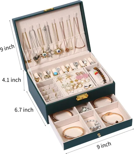 Miniatura 3 de GUOER Joyero para mujer, niña, esposa, grande, de piel sintética, organizador de joyas, con dos capas, para aretes, pulseras, anillos, relojes