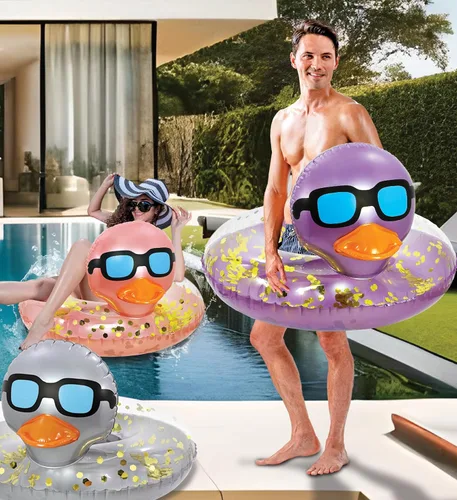 Miniatura 5 de POZA Flotador inflable de pato para piscina: vinilo resistente a los rayos UV, confeti de pato para piscina, flotador de piscina de animales, anillo