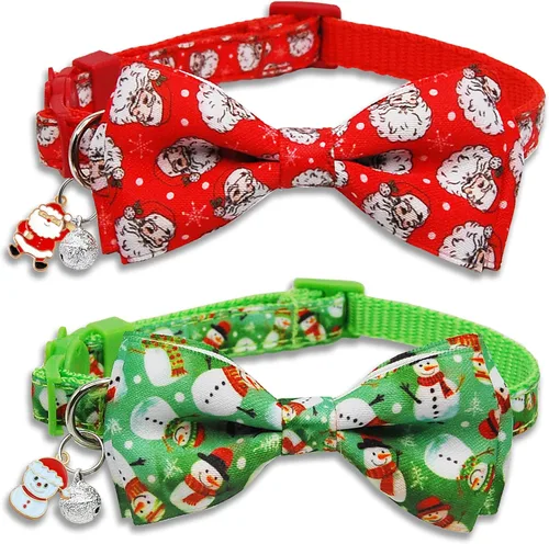 Paquete de 2 collares navideños para gatos, collares festivos de Papá Noel y muñeco de nieve con campana y dije, ajustable, linda Navidad para niños
