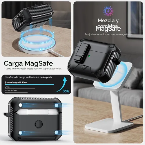 Miniatura 5 de Funda para AirPods Pro 2 (2023/2022/2019) con soporte para teléfono, (con interruptor a presión automático), diseño de fibra de carbono, cubierta
