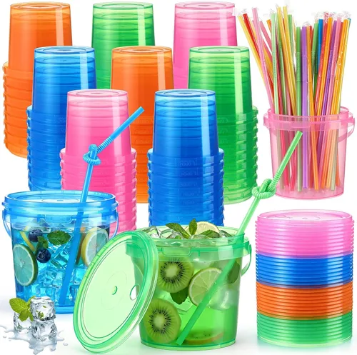 Miniatura 16 de Funnymoom Paquete de 36 cubos de plástico para ron para bebidas con pajita, cubeta de cóctel para helado, con tapas y asas, recipientes de alimentos