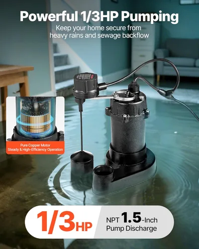 Miniatura 2 de VEVOR Bomba sumergible para aguas residuales, 1/3 HP, bomba de aguas residuales/efluentes de hierro fundido de 3000 GPH con interruptor flotador