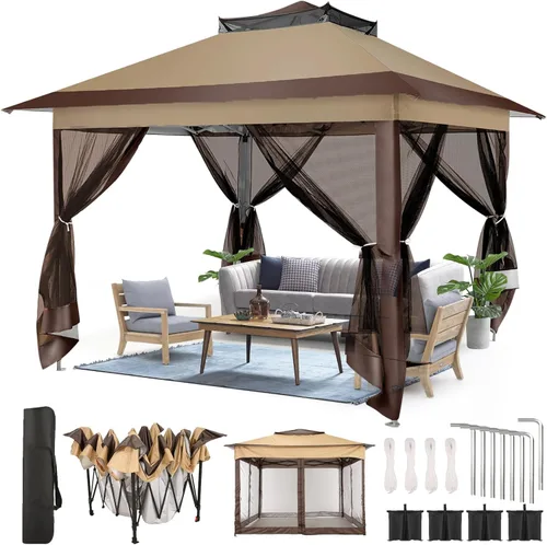Miniatura 29 de COBIZI - Tienda desplegable de 3,66 x 3,66 metros en oferta - Cenador portátil de metal para exteriores con mosquitero, impermeable - Cenador Caqui