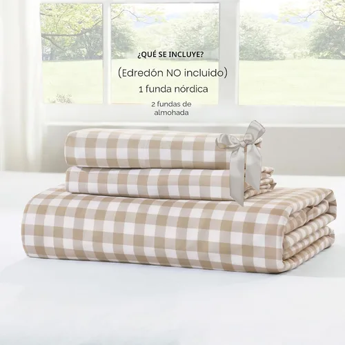 Miniatura 7 de Andency - Funda de edredón Gingham tamaño Queen, funda de edredón de estilo granjero con volantes en color marrón claro y estilo shabby chic, juego