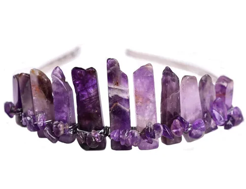 JIC Gem Diadema de cuarzo crudo con corona de cristal de amatista, hecha a mano, tiara de piedra natural, tocado para mujeres y niñas para bodas