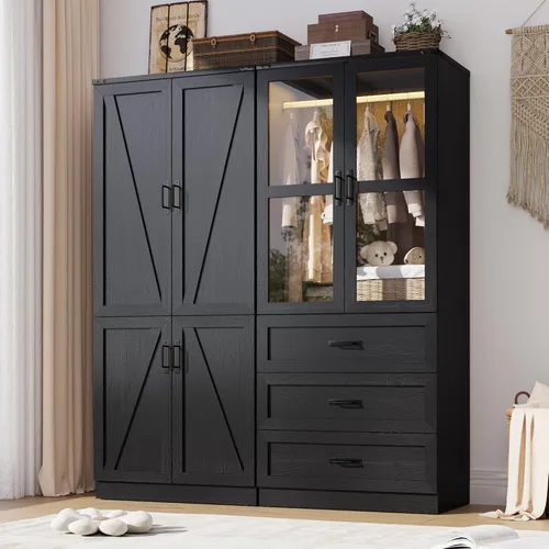 Miniatura 22 de Hlivelood Armario Ropero Estilo Granja de 75" de Alto con 2 Puertas con LED, Armario Independiente para Dormitorio con Barra para Colgar, Gabinete