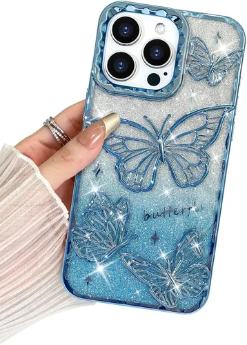 Miniatura 20 de BITOBE Diseñada para iPhone 15 Pro Max, bonita funda de mariposa 3D chapada en purpurina delgada para mujeres y niñas, protección de cámara, Negro