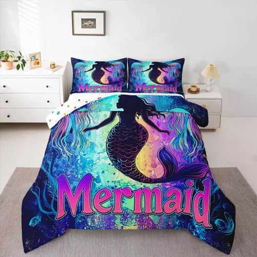 Miniatura 33 de Erosebridal Juego de edredón de sirena para niños, tamaño matrimonial, para niñas, ropa de cama de sirena brillante azul y rosa, juego de ropa
