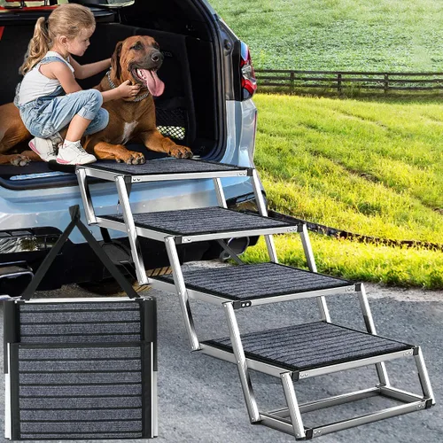 Miniatura 11 de Rampa para perros para automóvil, escalera extra ancha para perros grandes para automóvil, escalones para mascotas de aluminio ligero plegables