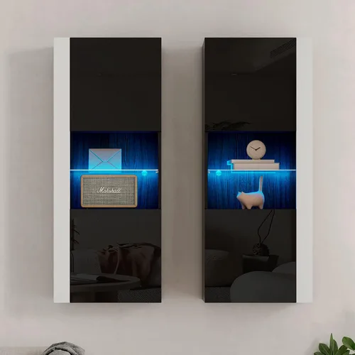 AMERLIFE Armarios de almacenamiento de pared con luces LED, armarios colgantes modernos de alto brillo con 4 puertas cerradas y estantes de vidrio