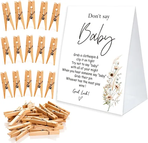 Miniatura 14 de Juego de pinzas para la ropa de baby shower, un cartel de papel recubierto de 5 x 7 pulgadas y 50 pinzas naturales para la ropa, baby shower
