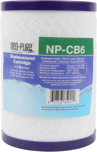 Neo-Pure Filtro de repuesto de bloque de carbono CB6, cartucho compatible con sistemas de filtración de agua seleccionados, compatible con Hydronix