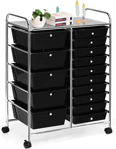 Miniatura 31 de Carrito de almacenamiento con ruedas de 15 cajones, carrito de almacenamiento móvil con ruedas bloqueables para manualidades, herramientas, Negro