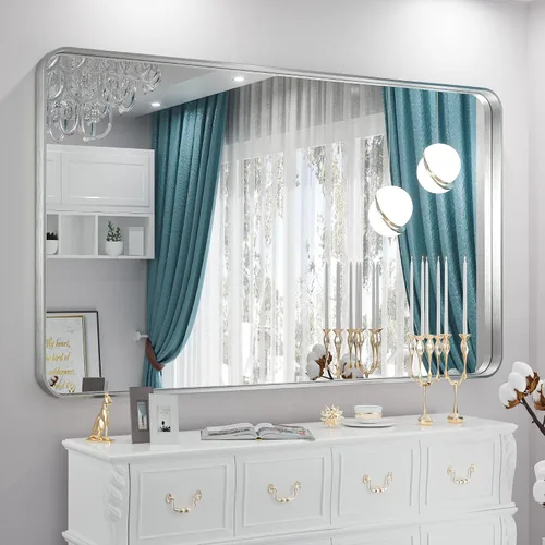 Miniatura 101 de TETOTE Espejo de marco dorado cepillado de 16 x 24 pulgadas, espejo de tocador de baño de latón dorado para pared, espejo enmarcado rectangular
