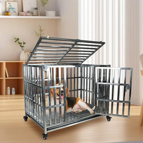 Miniatura 6 de Jaula grande para perros resistente, jaula de acero inoxidable para perros, indestructible, con ruedas enrollables, puerta doble, bandeja extraíble