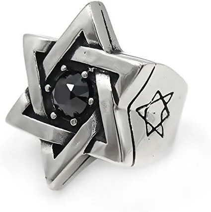 Miniatura 2 de Mens Cubic Zirconia Stainless Steel Ring, Vintage Star of David, Black Silver