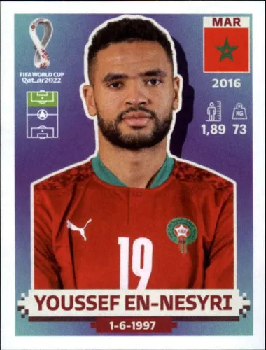 Adhesivo de fútbol de la Copa Mundial Panini 2022 #MAR17 Youssef En-Nesyri Morocco Group F - Calcomanía oficial del álbum del WC de Qatar en bruto