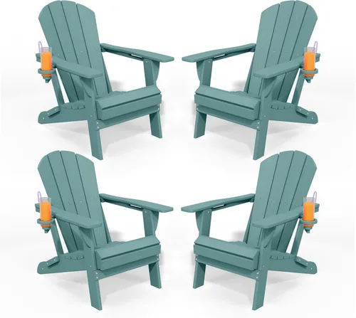 Miniatura 28 de Silla plegable Adirondack con portavasos, juego de 2, sillas de plástico HDPE para exteriores, resistentes a la intemperie, aspecto de madera real