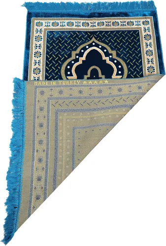 Miniatura 5 de TB - Alfombra de oración musulmana islámica, tapete de terciopelo suave, regalo de Ramadán, con cuentas de oración, decoración única, dorada, Azul