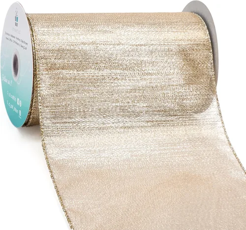 Miniatura 25 de Cinta con alambre metálica dorada champán de 2.5 pulgadas x 10 yardas para decoración del hogar de Navidad, lazo para decoración de árbol, envoltura