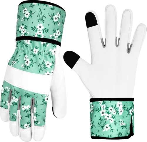 Miniatura 8 de Guantes de jardinería de cuero para mujer, guantes de jardín a prueba de espinas, diseño de pantalla táctil, guantes de trabajo resistentes