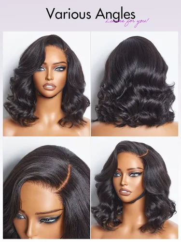 Miniatura 7 de LUVME HAIR Peluca de Ondas Sueltas Yaki Ligero de 12 Pulgadas Cabello Humano Hermoso, Pelucas Bob de Cabello Humano con Encaje HD Indetectable Sin