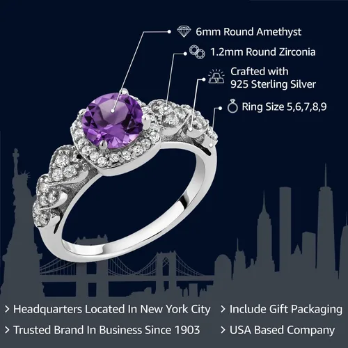 Miniatura 71 de Gem Stone King Anillo de compromiso de aniversario y piedra natal de corte redondo de 0.236 in para mujer, plata de ley 925, anillo de promesa